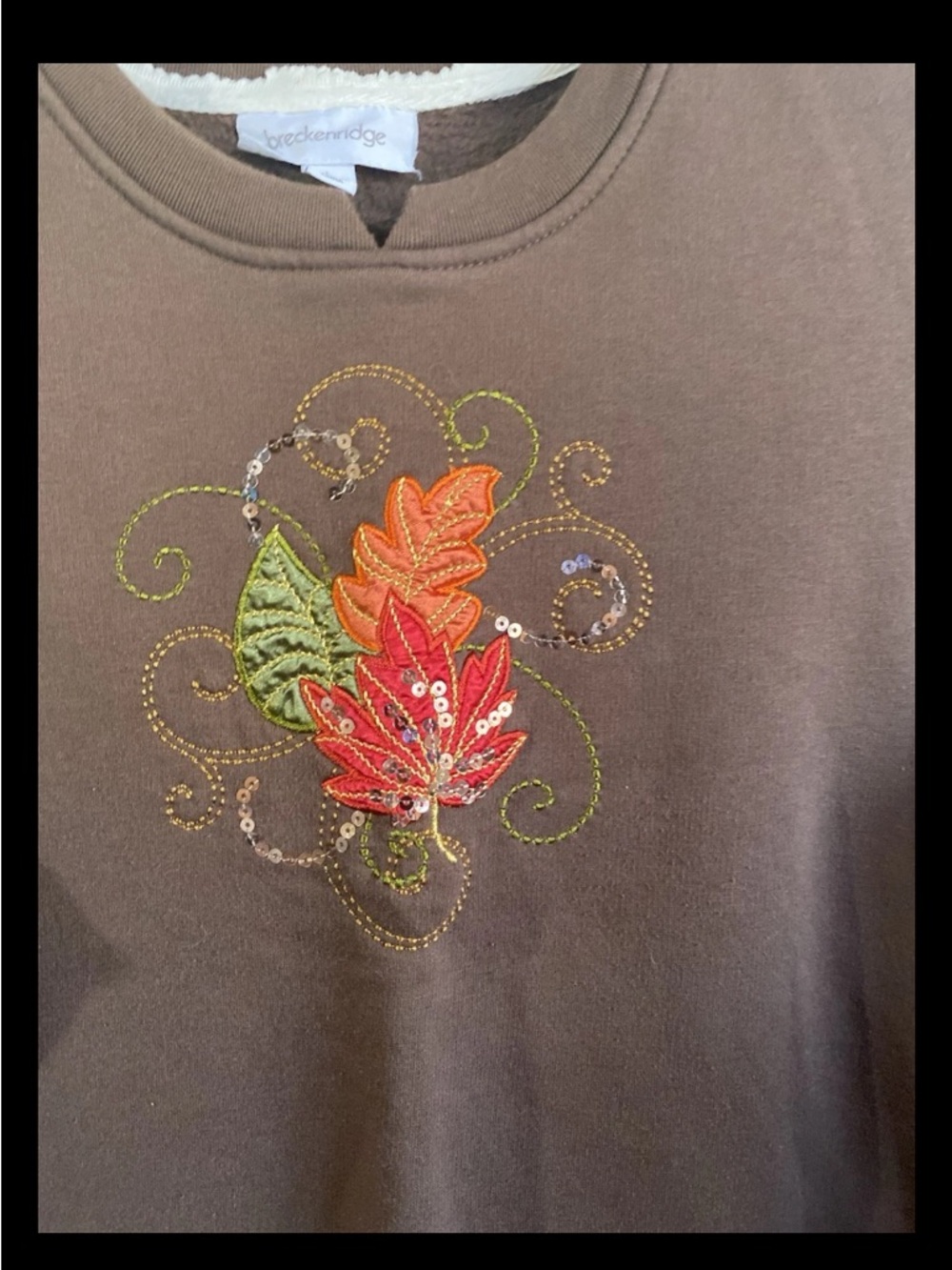 Breckenridge Vintage Autumn Leaves Embroidered Brown Sweatshirt Fall Aesthetic L - Picture 3 of 6